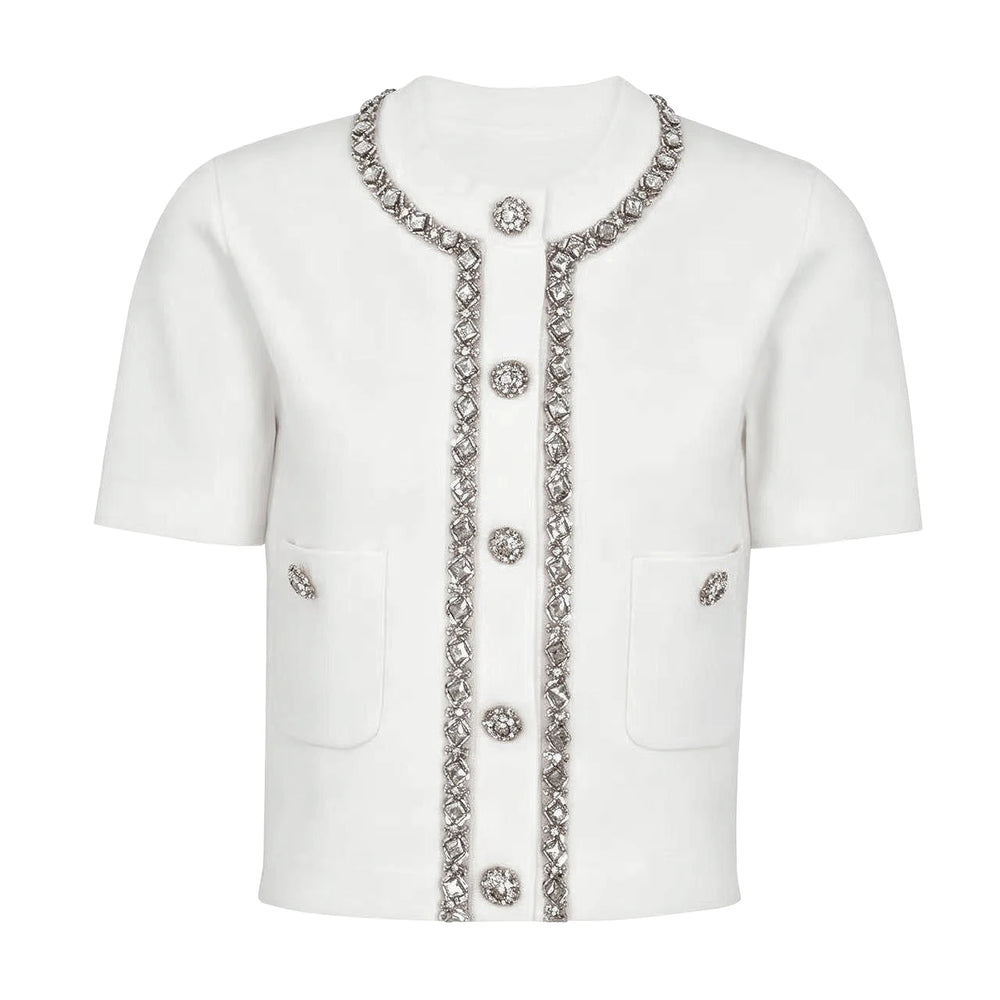White embellished neckline short sleeve knit top
