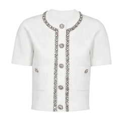 White embellished neckline short sleeve knit top