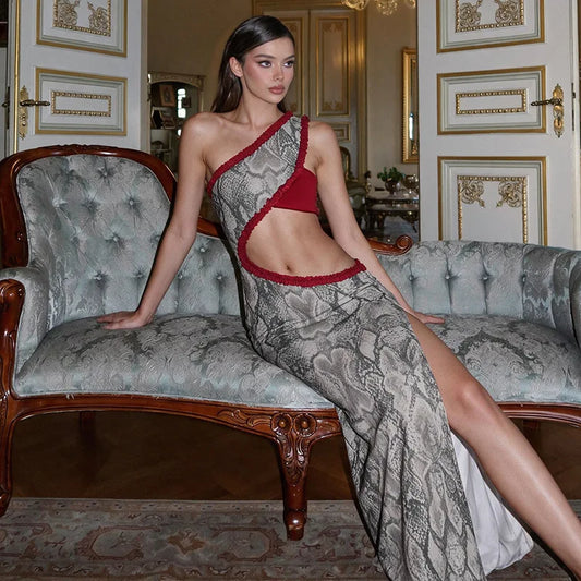 Snake print one shoulder maxi dress with cutout waist and high split