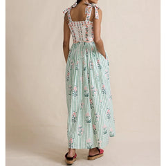 Back view of a woman in a floral print and striped maxi dress with tie shoulder straps and a square neckline.