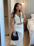 White Pleated Long Skirt and V Neck Crop Top Set