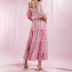 Pink Floral Ruffle Midi Dress | Tiered Empire Waist Romance