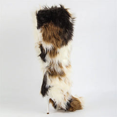 Furry Knee High Boots with Stiletto Heel
