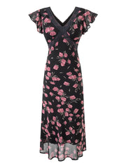 V-neck flutter sleeve lace trim floral print maxi dress with pink flowers