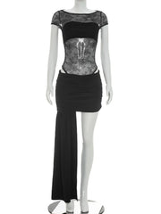 Sheer Lace Bodysuit and Ruched Skirt Set