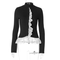 Ribbed Lace Trim Mock Neck Top