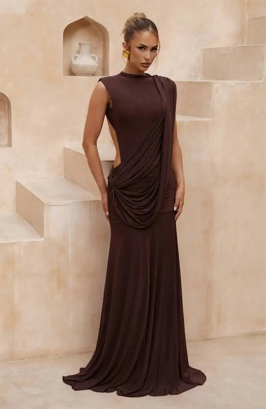 Brown draped neckline cutout maxi dress