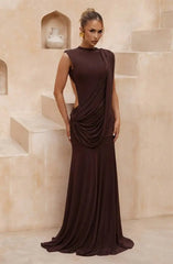 Brown draped neckline cutout maxi dress