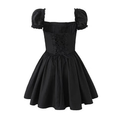 Black off-shoulder dress with puff sleeves on a white background