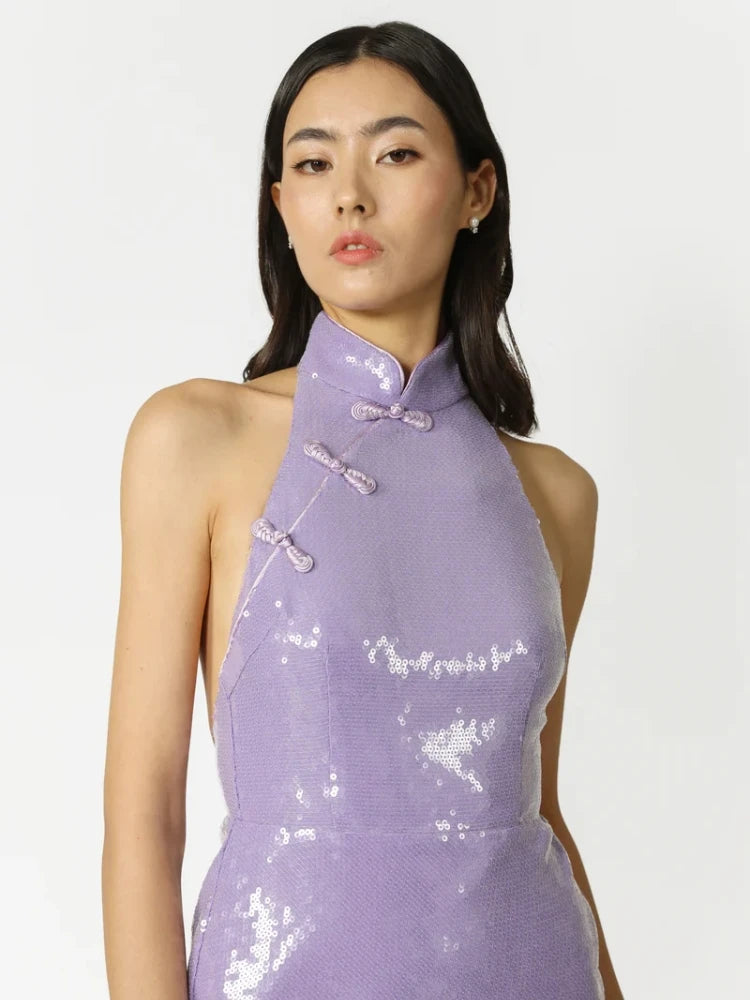 Lavender Sequin Sleeveless Open Back Button Ankle Length Dress
