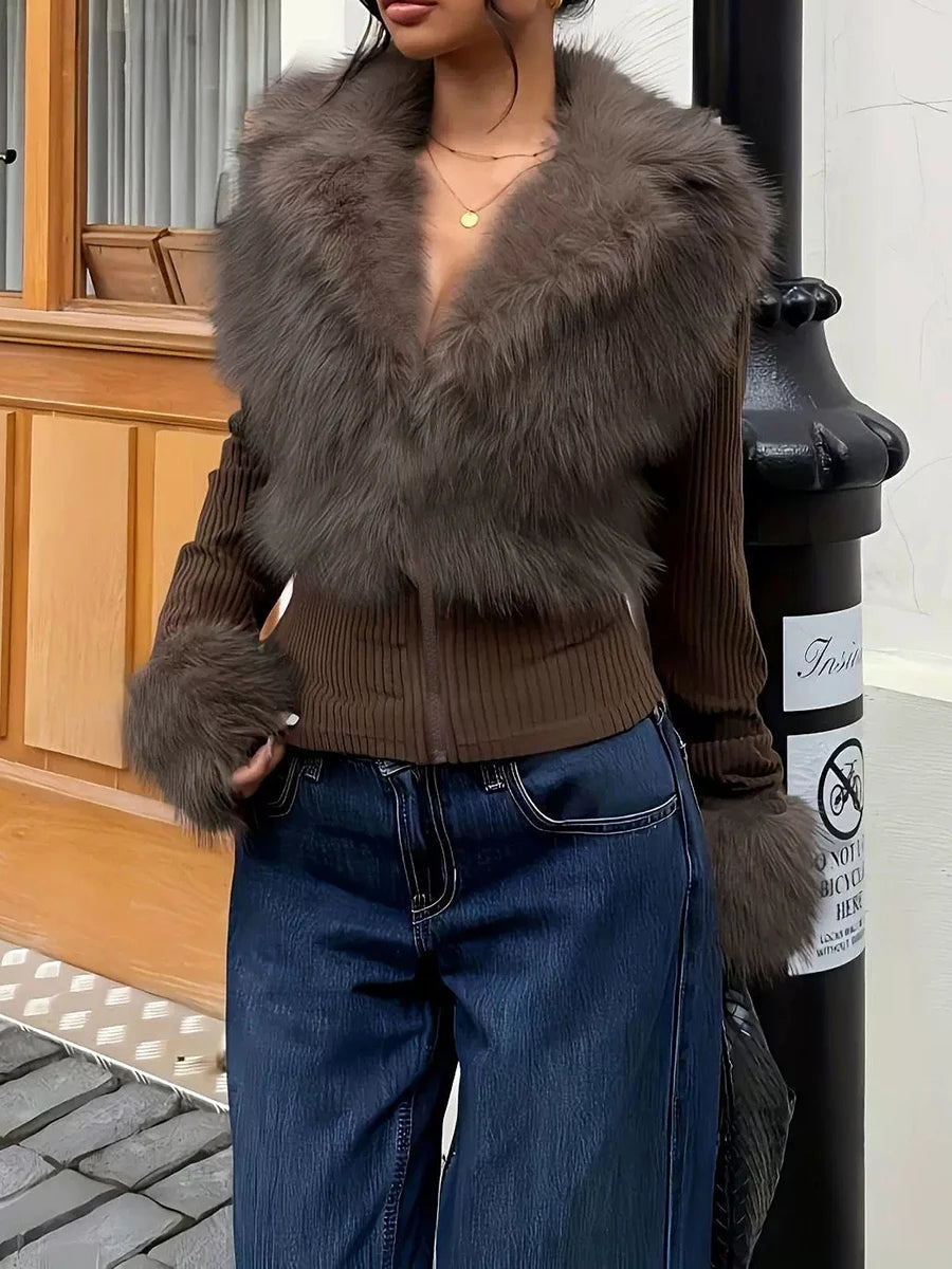 Brown faux fur trimmed jacket