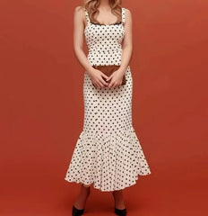 Polka Dot Print Spliced Lace Slash Collar Ruffles Hem Midi Dress . Golden Atelier 2