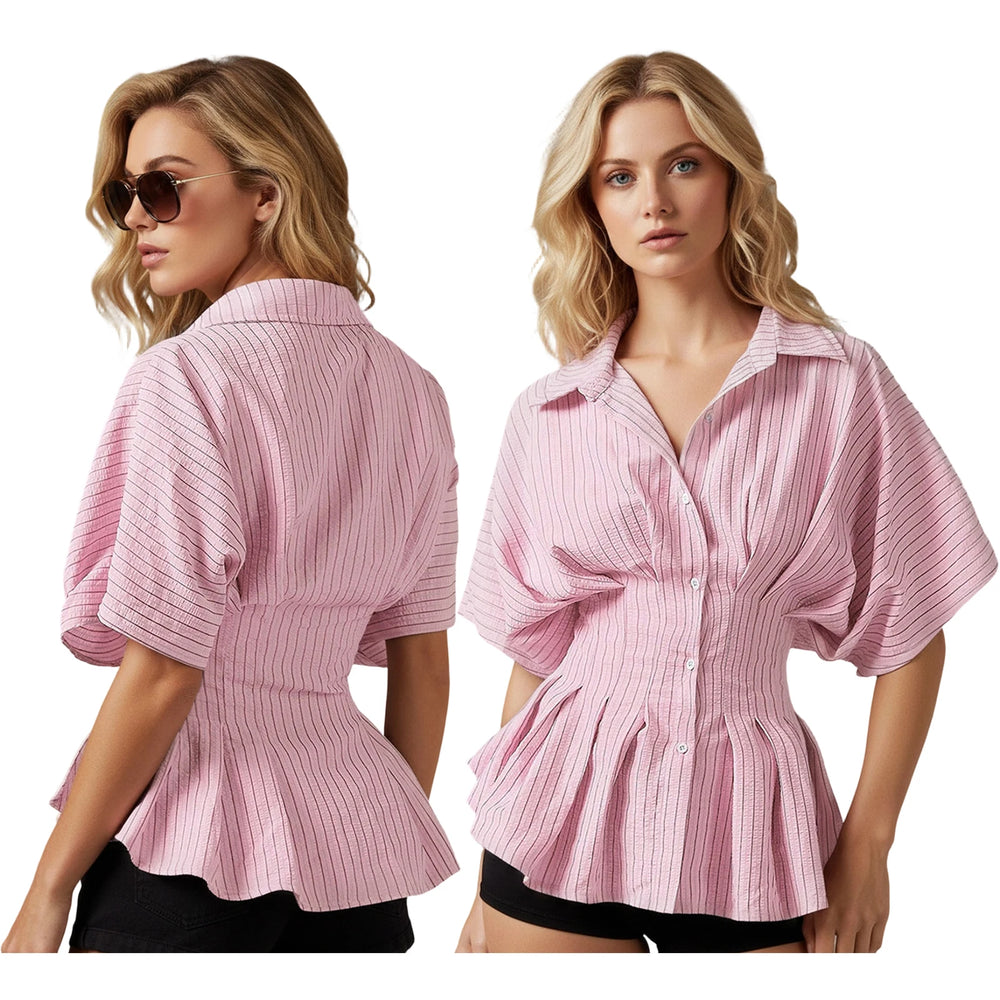 Pink striped shirt worn by a model on a white background