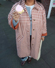 Red Gingham Lapel Long Trench Coat