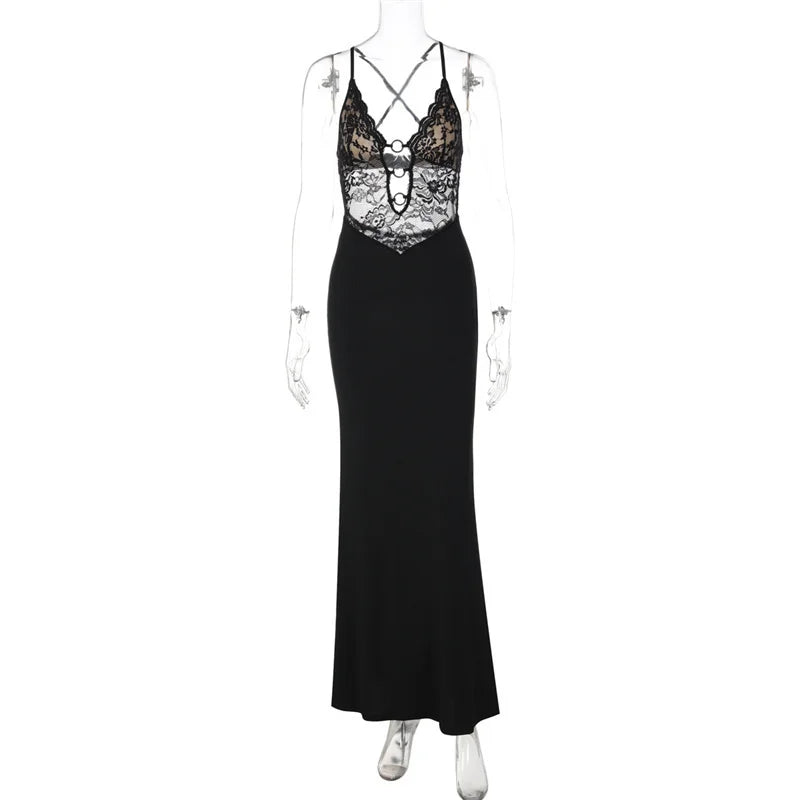 Black slip dress with lace detailing on a mannequin against a white background