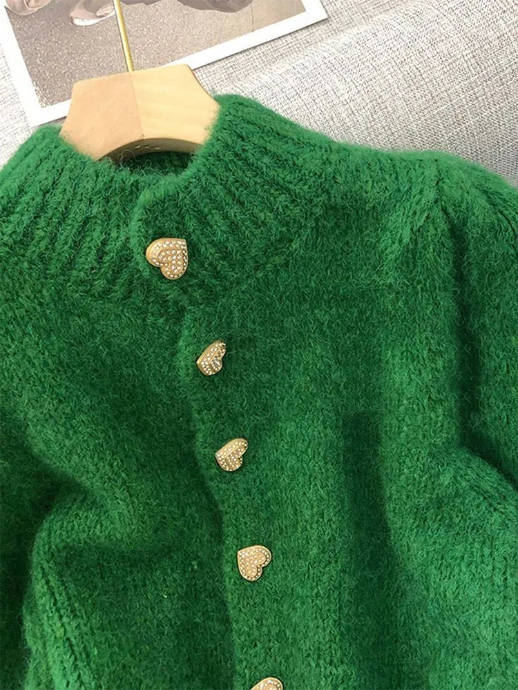Green Knitted Cardigan Half High Collar Sweater