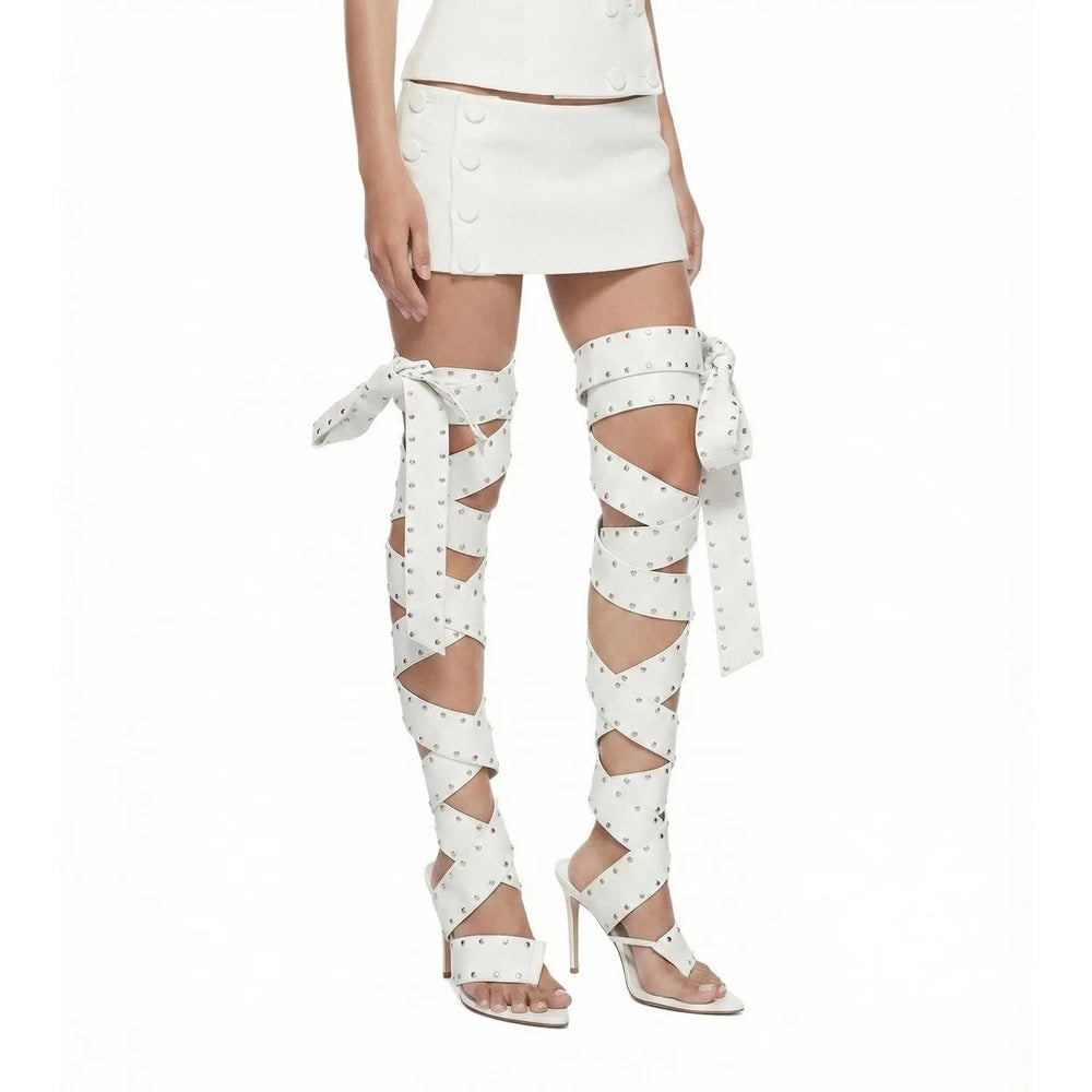 Studded lace-up thigh-high heeled sandals in white