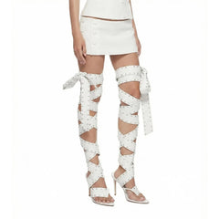 Studded lace-up thigh-high heeled sandals in white