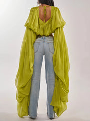 Draped Puff Long Sleeve Square Neck Crop Top