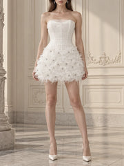 White strapless feather flower mini dress detail