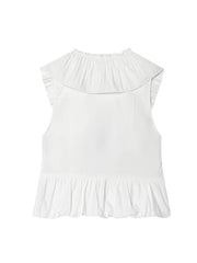 Back view of a white sleeveless peplum top with a high neckline.