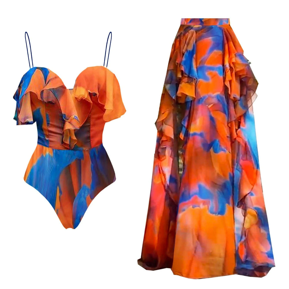 Abstract print ruffled swimwear set component