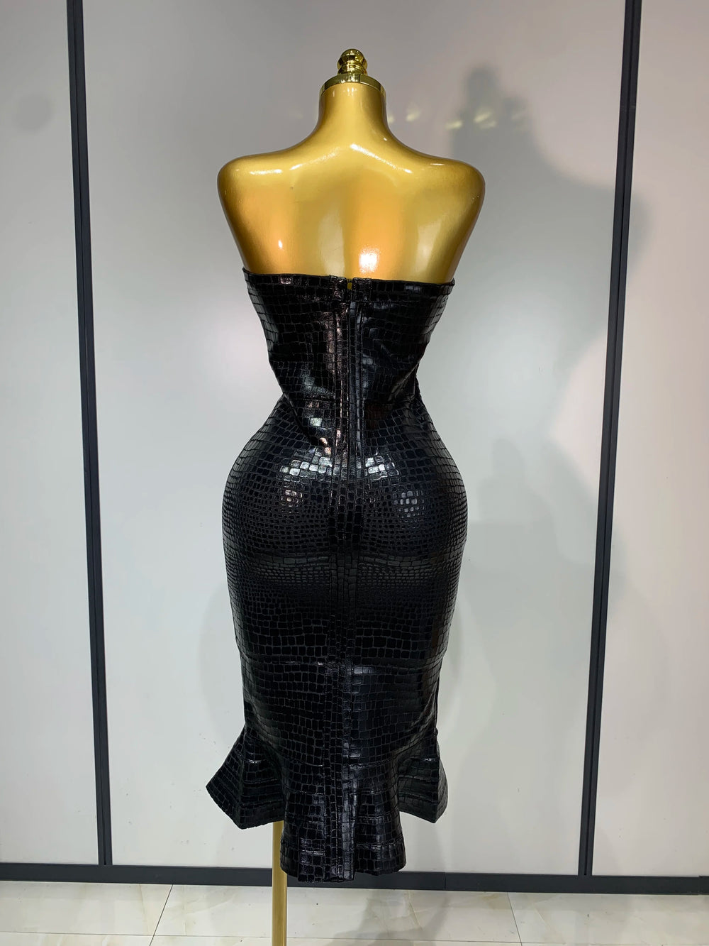 Strapless Crocodile-Embossed Bodycon Midi Dress