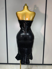 Strapless Crocodile-Embossed Bodycon Midi Dress