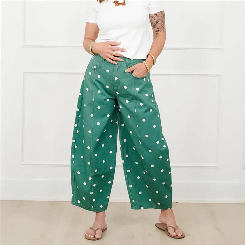 Polka dot wide leg pants in green with white dots
