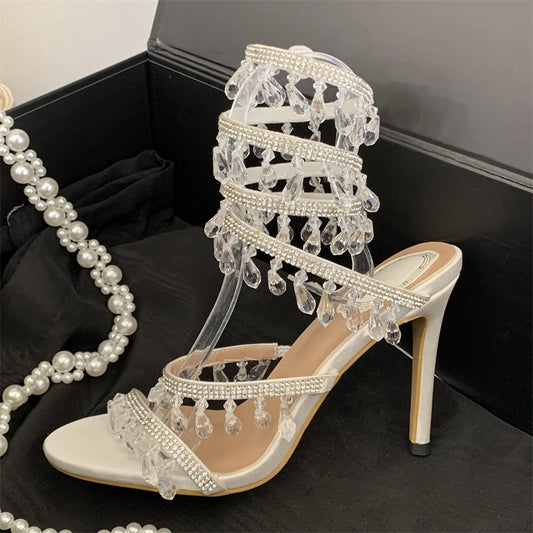 White crystal ankle strap stiletto heels