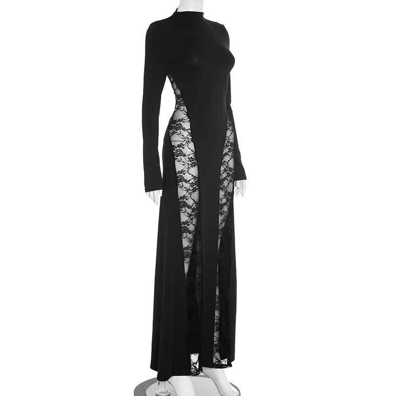 Black long-sleeve dress with lace detailing on a white background