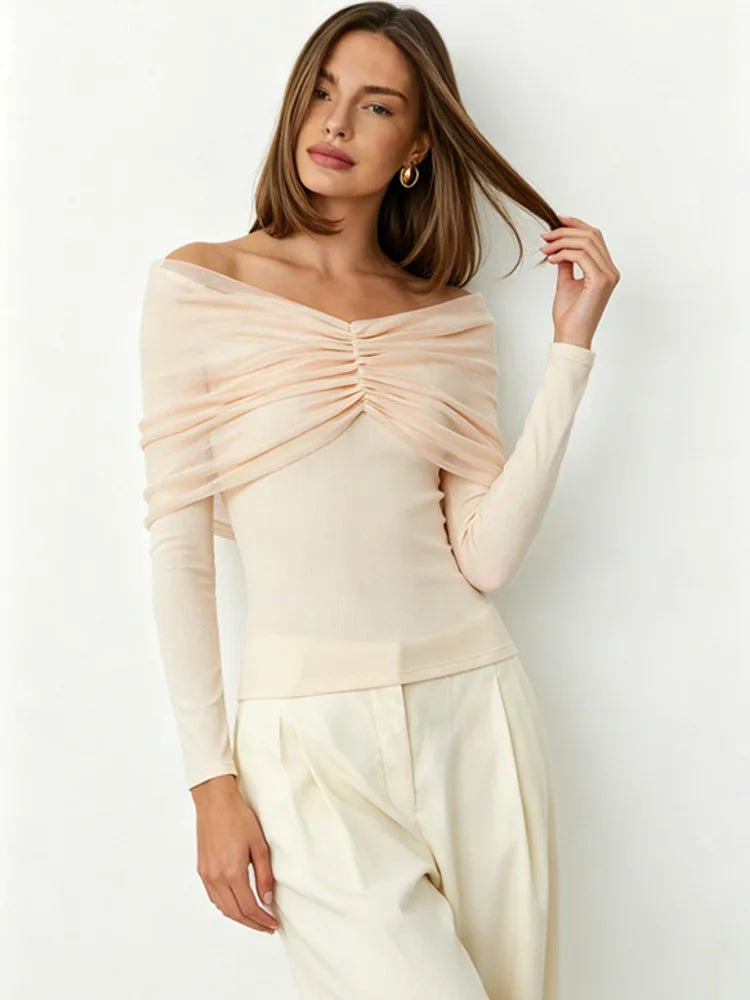 Off-shoulder pleated mesh top