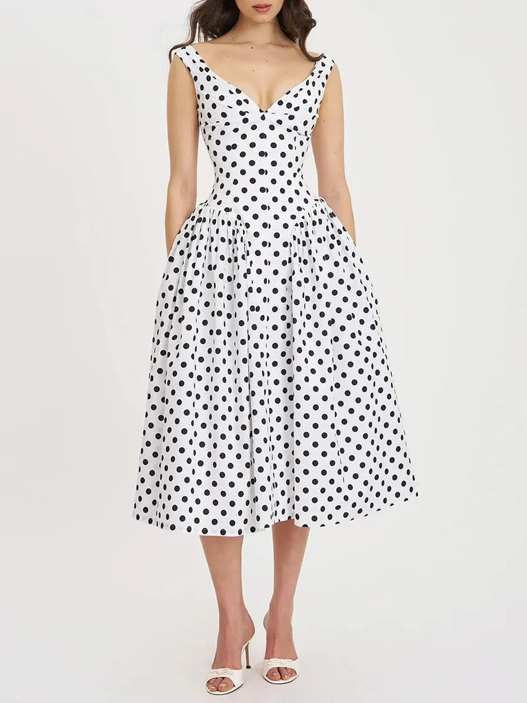 White Polka Dot V-Neck A-Line Midi Dress – Golden Atelier