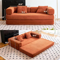 Orange sofa with dimensions marked on a white background