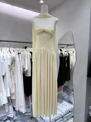 Yellow Mesh Ruched Twist Front Midi Dress