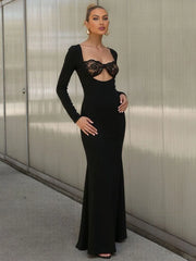 black long sleeve maxi dress with lace cutout bust
