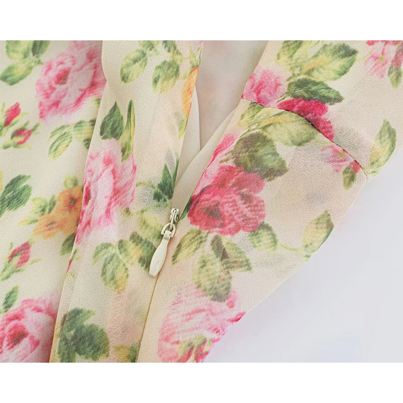 Close-up of zipper detail on floral print maxi dress