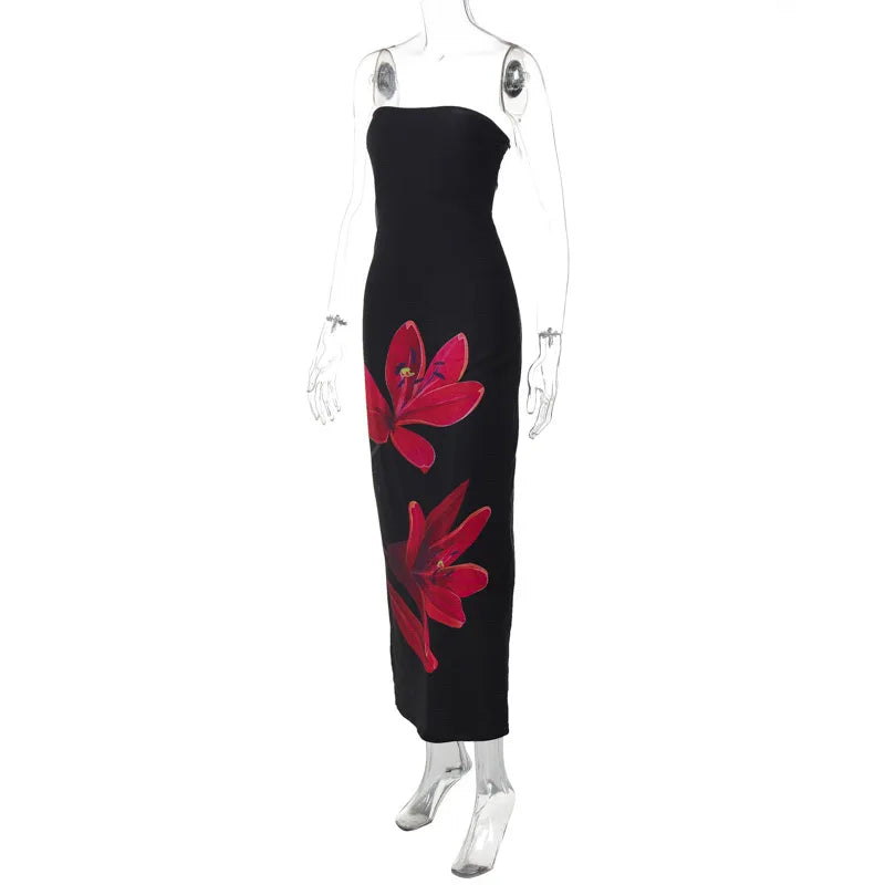 Black strapless dress with red floral design on a mannequin