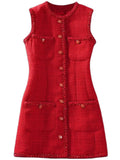 Tweed Vest Dress Letter Buttons Four Pockets Short Red Dress