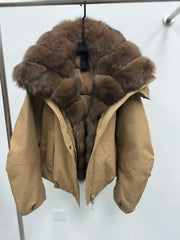 Khaki real fur hooded jacket