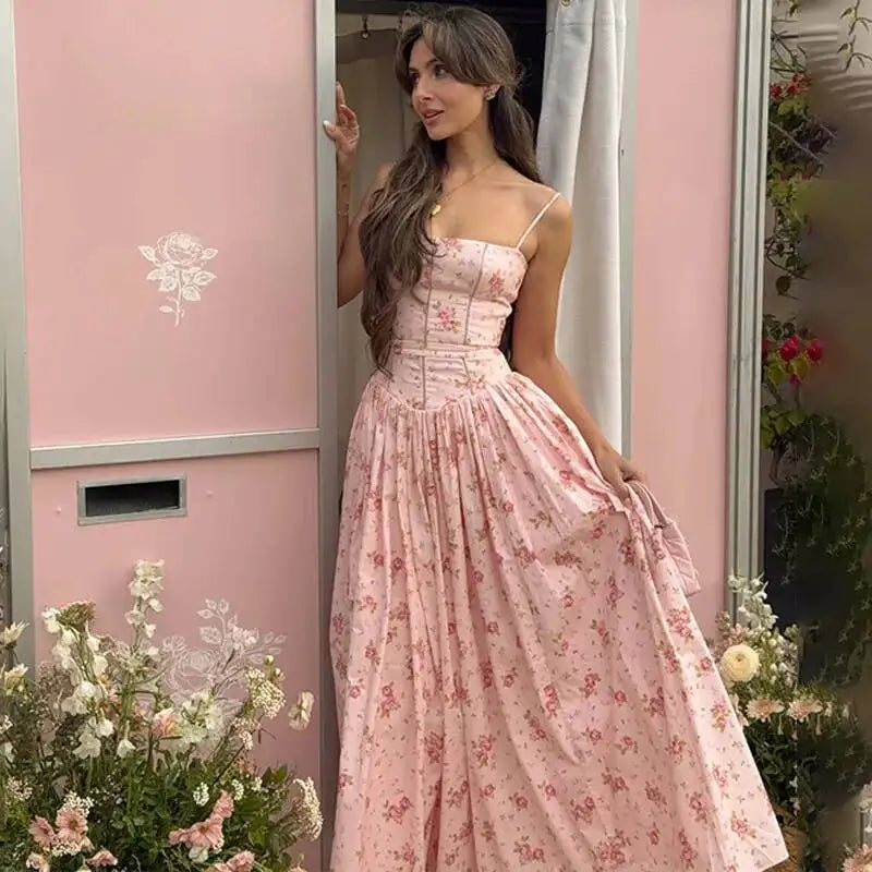 Floral print spaghetti strap A-line maxi dress