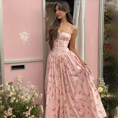Floral print spaghetti strap A-line maxi dress