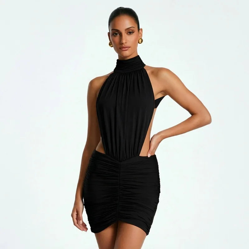 Halter neck ruched mini dress detail