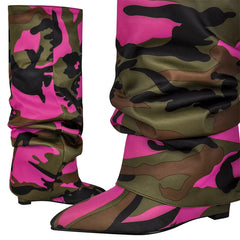 Camouflage Pleated Wedge Knee High Boots