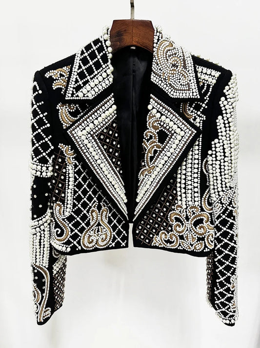 Beaded pearl embroidered cropped jacket front view