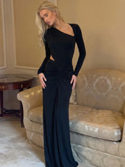 Asymmetrical one-shoulder maxi dress with long sleeves and ruched waist detail