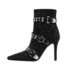 New Water Diamond Belt Buckle Pointed Super High Heels Women's Shoes Short Boots Golden Atelier