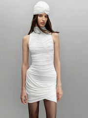 White ruched mock neck mini dress with headscarf