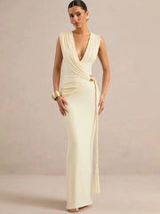 Cream draped sleeveless maxi dress