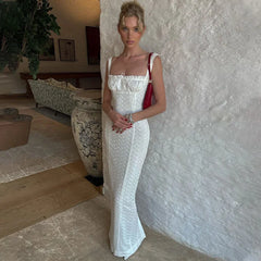 Square Collar White Spaghetti Strap High Waist Maxi Dress